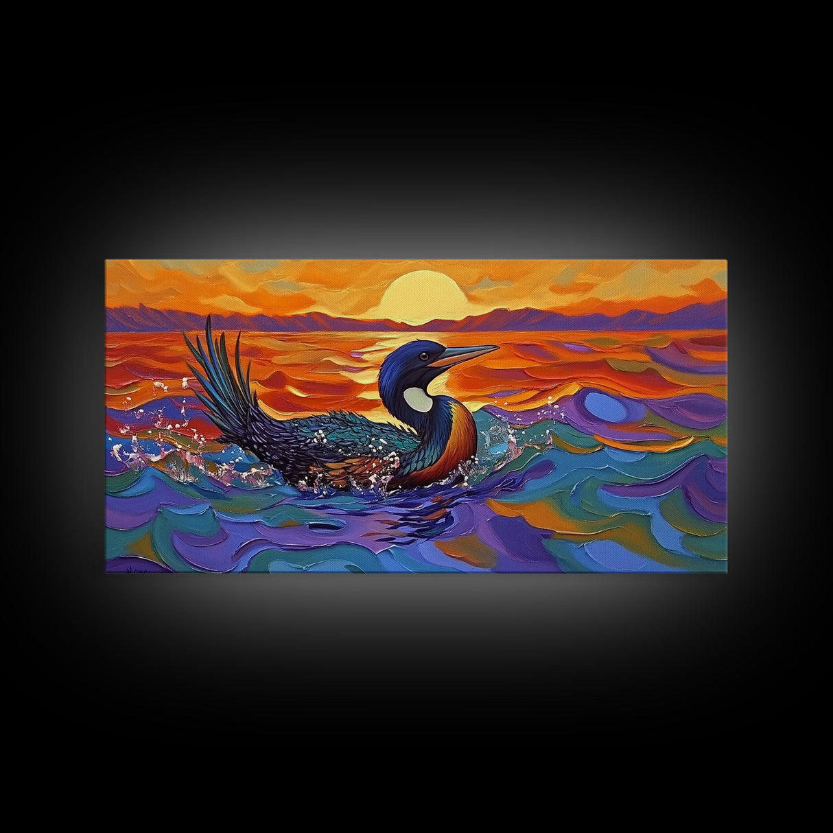 Sunset Loon, Splash, Painting, Framed Canvas Print lakehouse wall art, coastal bathroom decor, vibrant nature print, ocean artwork