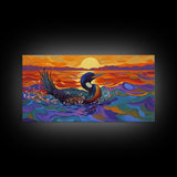 Sunset Loon, Splash, Painting, Framed Canvas Print lakehouse wall art, coastal bathroom decor, vibrant nature print, ocean artwork