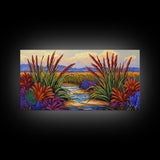 Marsh Grassland, Sunset, Scene, Framed Canvas Print rustic farmhouse art, colorful Fall wall decor, bedroom landscape canvas