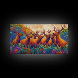 Deer Autumn, Forest, Scene, Framed Canvas Print wildlife cabin wall decor, vibrant Fall nature art, lodge living room print