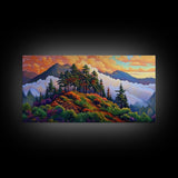 Mountain Trees, Sunset Ridge, Cloudy Peaks, Framed Canvas Print, Nature Inspired Wall Art, Autumn Living Room or Office Decor