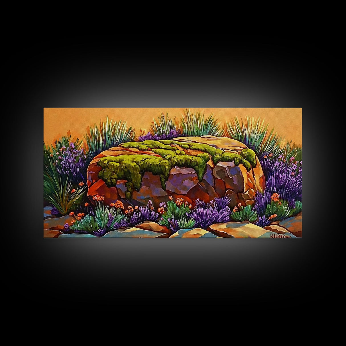 Moss Rock, Desert Garden, Sunset Stone, Framed Canvas Print, Rustic Wall Art, Kitchen or Bathroom Decor, Desert Botanical Artwork