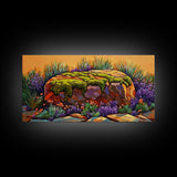 Moss Rock, Desert Garden, Sunset Stone, Framed Canvas Print, Rustic Wall Art, Kitchen or Bathroom Decor, Desert Botanical Artwork