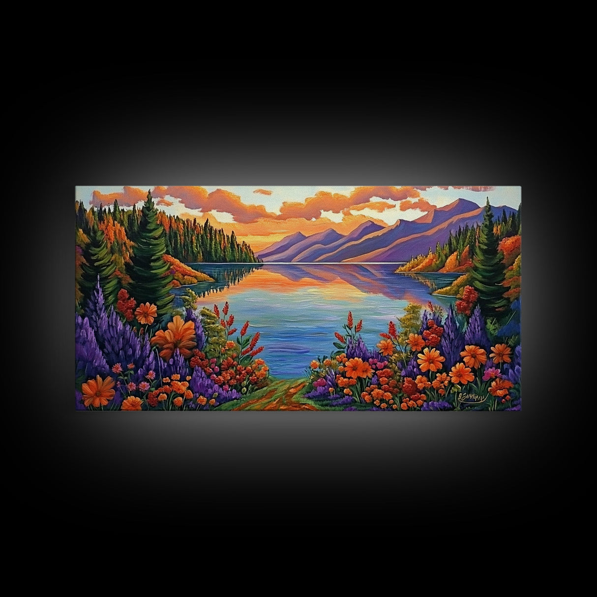 Mountain Lake, Sunset Reflection, Wildflower Meadow, Canvas Print, Vibrant Nature Art, Living Room or Cabin Wall Decor