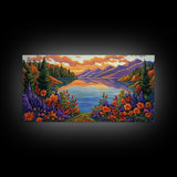 Mountain Lake, Sunset Reflection, Wildflower Meadow, Canvas Print, Vibrant Nature Art, Living Room or Cabin Wall Decor