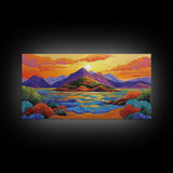 Island Sunset, Mountain Horizon, Ocean Glow, Framed Canvas Print, Bold Wall Art, Bedroom or Office Decor, Tropical Paradise Painting