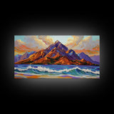Ocean Peak, Island Sunrise, Vibrant Mountain, Framed Canvas Print, Bold Coastal Art, Beach House Wall Decor, Sunset Vibes