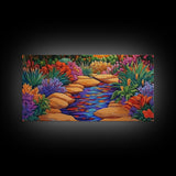 Stone Stream, Sunset Path, Desert Garden, Canvas Print, Nature Inspired Wall Art, Living Room Decor, Boho Botanical Style