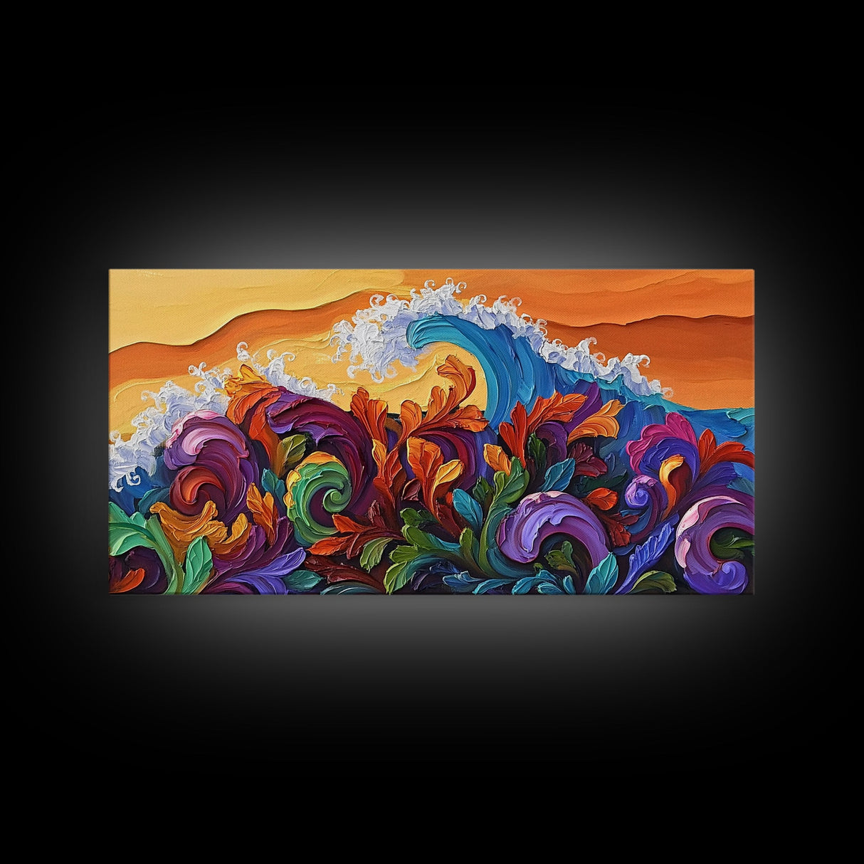Abstract Wave, Tropical Swirl, Sunset Motion, Framed Canvas Print, Colorful Modern Wall Art, Living Room Decor, Bold Ocean Art
