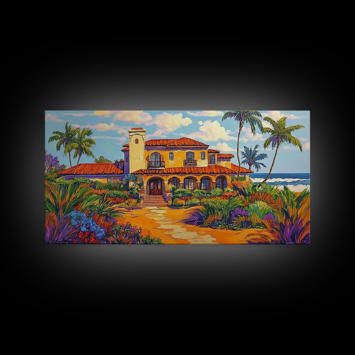 Tropical Villa, Palm Trees, Coastal, Framed Canvas Print, Spanish beach house art perfect Dining Room Wall Art or Vacation Home Decor