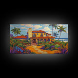 Tropical Villa, Palm Trees, Coastal, Framed Canvas Print, Spanish beach house art perfect Dining Room Wall Art or Vacation Home Decor