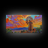 Rustic Windmill, Sunset, Country Sky, Canvas Print, Vibrant farmhouse scene perfect Fall Living Room Wall Art or Rustic Home Decor