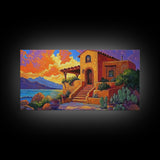 Desert Adobe, Sunset, Southwest, Framed Canvas Print, southwestern home art, rustic decor, living room wall art, fall adobe style