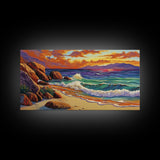 Coastal Sunset, Waves, Shore, Framed Canvas Print, ocean beach decor, seascape living room wall art, tropical boho coastal style