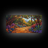 Nature Pathway, Garden, Trees, Framed Canvas Print, vibrant forest trail art, spring botanical decor, living room boho landscape