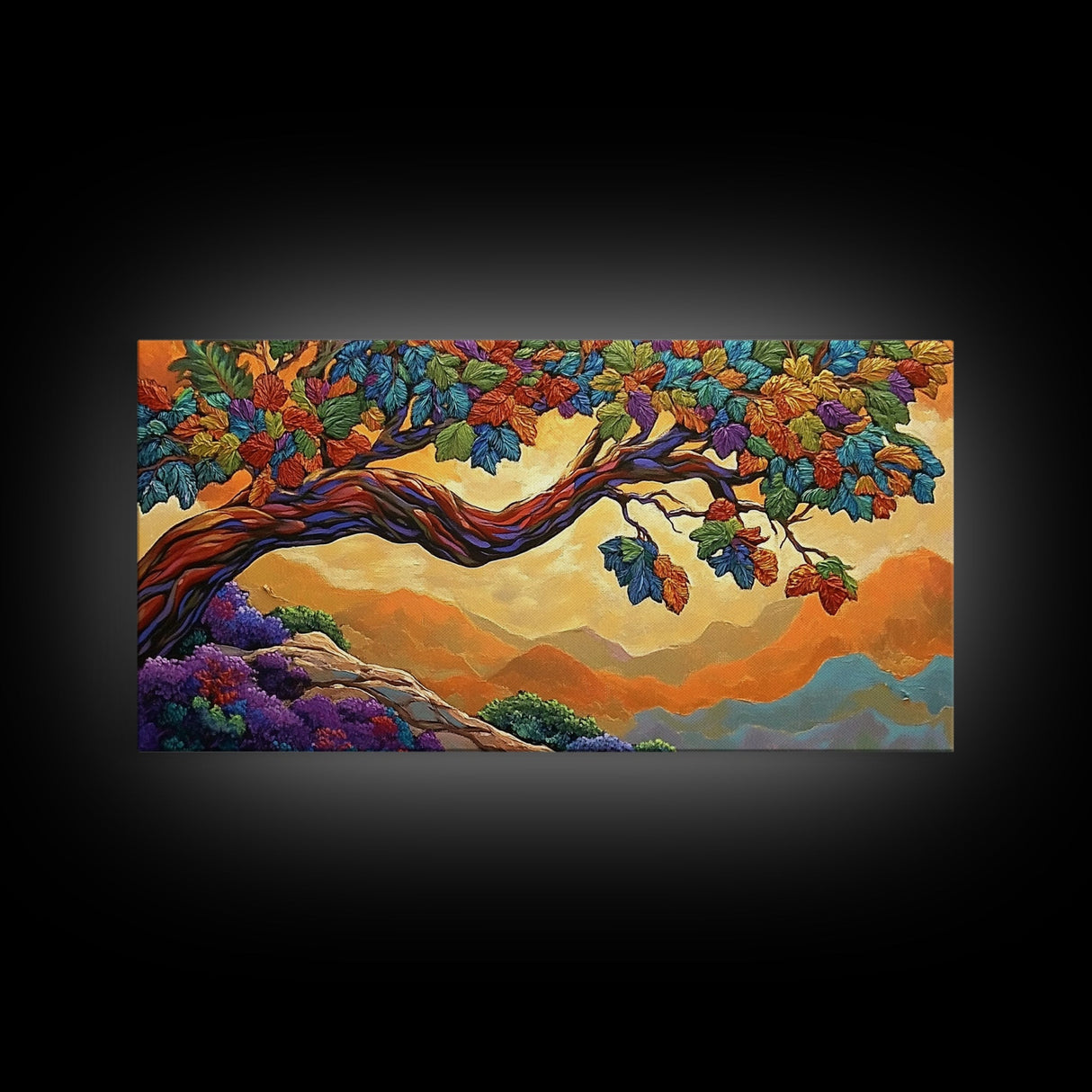 Tree Autumn, Leaves, Branches, Framed Canvas Print, foliage fall decor, mountain wall art, boho style living room, nature painting