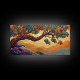 Tree Autumn, Leaves, Branches, Framed Canvas Print, foliage fall decor, mountain wall art, boho style living room, nature painting