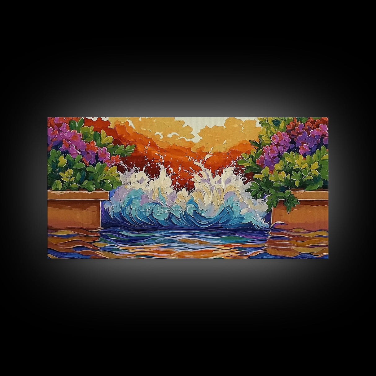 Splash Ocean, Garden, Patio, Canvas Print, bold wave crashing, vibrant tropical garden wall art, outdoor decor, boho coastal style