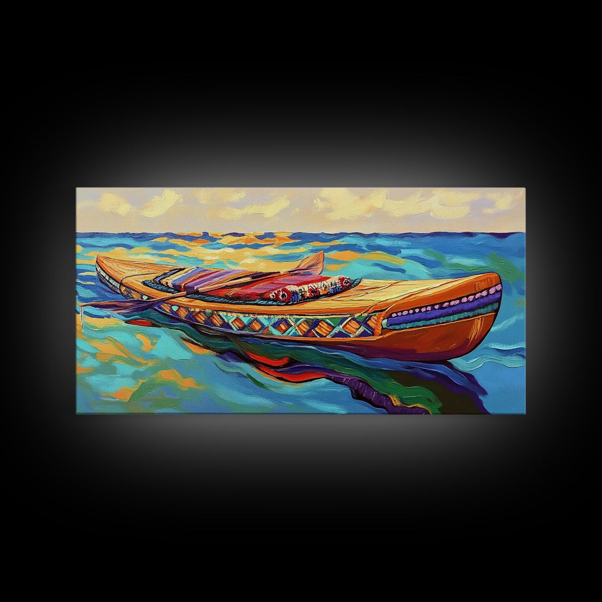 Canoe Water, Colorful, Tribal, Canvas Print, boho kayak art, nautical decor, beach house wall art, rustic folk painting, summer vibe