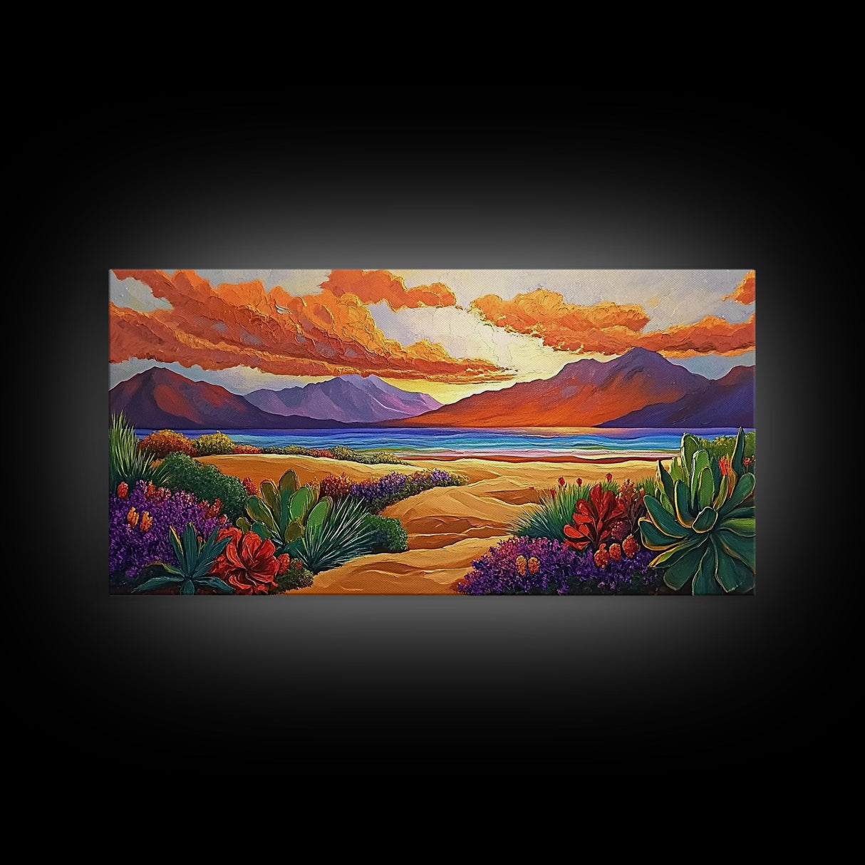 Sunset Desert, Mountains, Canvas Print, Vibrant desert landscape art with sunset sky and mountains, perfect Living Room Wall Art