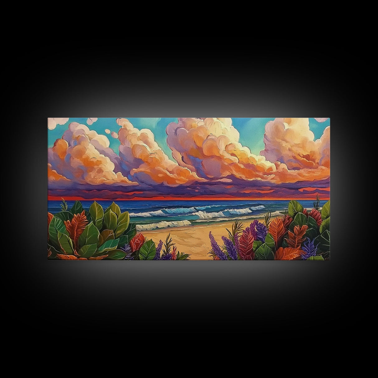 Tropical Beach, Clouds, Canvas Print, Colorful coastal beach artwork with dramatic clouds and waves, Bathroom Wall Art, coastal style