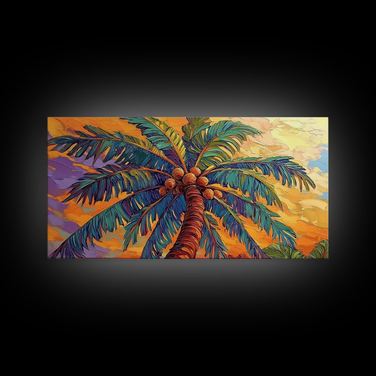 Palm Tree Sunset, Tropical, Framed Canvas Print, Bold colorful palm tree art in sunset sky, great Summer Beach Wall Art, tropical decor