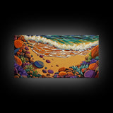 Coastal Shoreline, Footprints, Framed Canvas Print, Coastal beach waves and footprints art with colorful rocks, Bathroom Wall Art