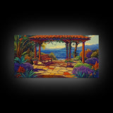 Garden Ocean View, Terrace, Framed Canvas Print, Serene garden bench by the ocean with colorful flowers, perfect Living Room Wall Art
