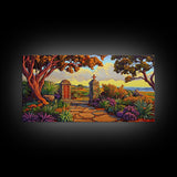 Cross Memorial, Sunset, Framed Canvas Print, Peaceful Autumn scene with cross and mountain view, ideal Fall Living Room Wall Art