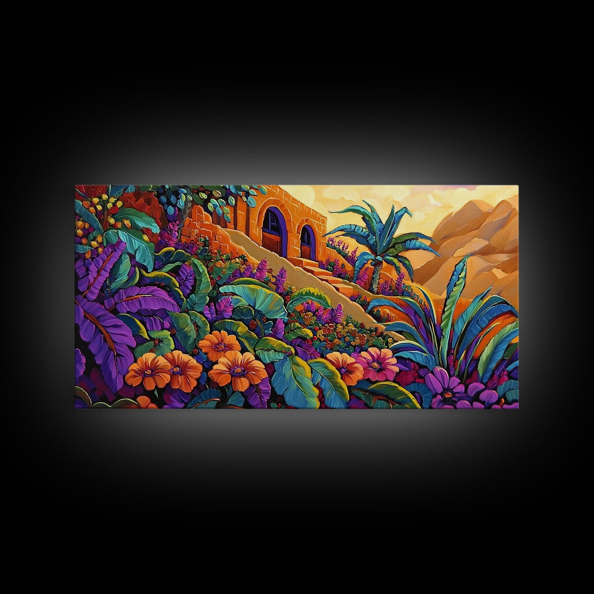 Jungle, Flowers, Adobe, Hillside, Framed Canvas Print tropical wall art, vibrant living room decor, boho jungle scene painting