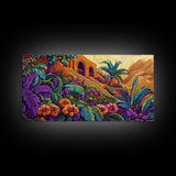 Jungle, Flowers, Adobe, Hillside, Framed Canvas Print tropical wall art, vibrant living room decor, boho jungle scene painting
