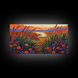 Wildflowers, River, Mountains, Autumn, Canvas Print fall floral decor, rustic meadow art, nature landscape painting, country living room