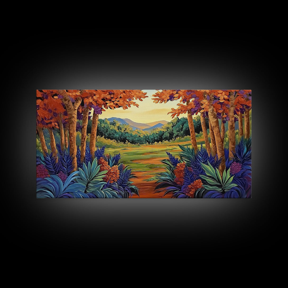 Forest Fall, Colorful, Leaves, Framed Canvas Print bold woodland foliage design, vibrant autumn landscape art, hallway wall accent