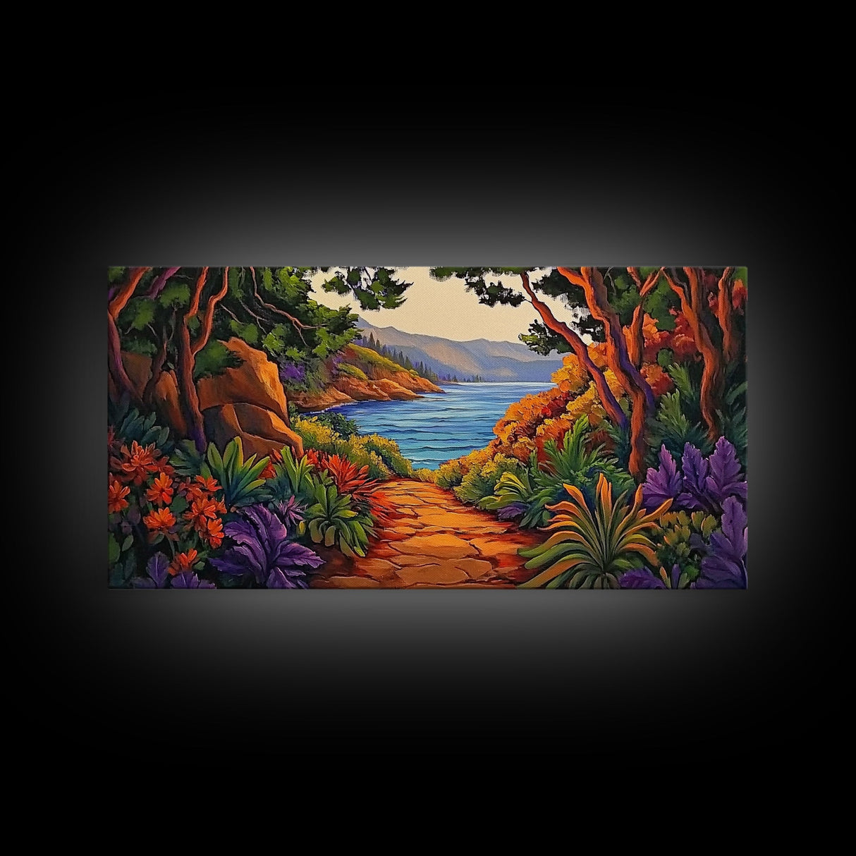 Trail Trees, Ocean, Bright, Framed Canvas Print vibrant nature path artwork, coastal forest boho art, kitchen wall decor