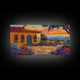 House Sunset, Garden, Southwest, Framed Canvas Print warm adobe home wall art, colorful southwestern sunset print, cozy kitchen decor
