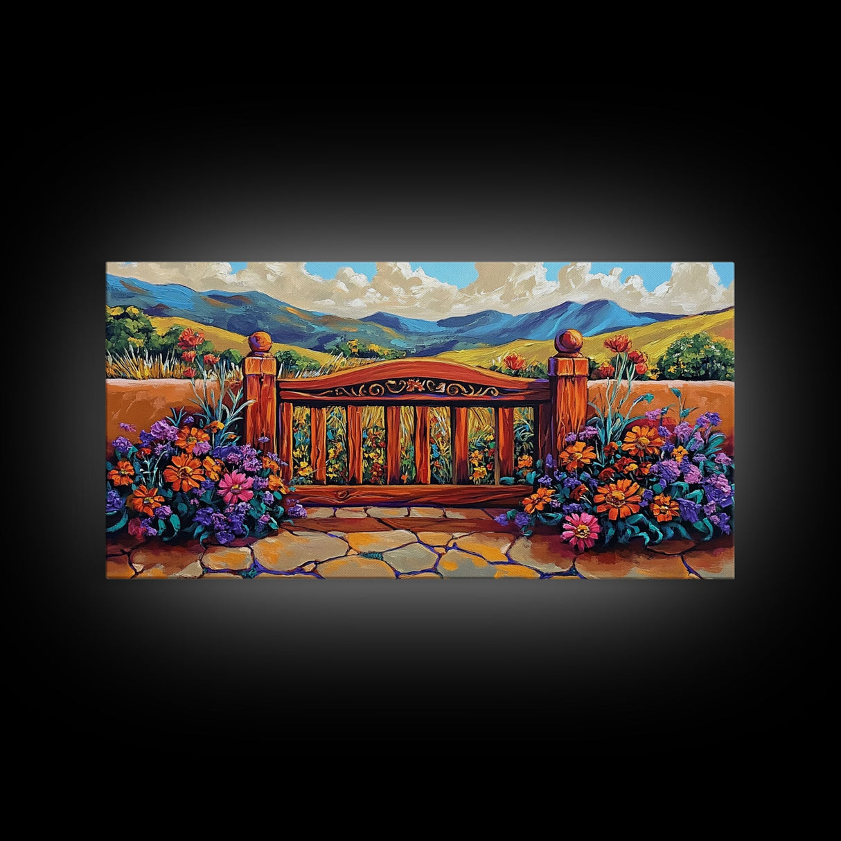 Gate Flowers, Mountains, Country, Framed Canvas Print rustic floral country gate art, bright farmhouse boho garden decor, patio print