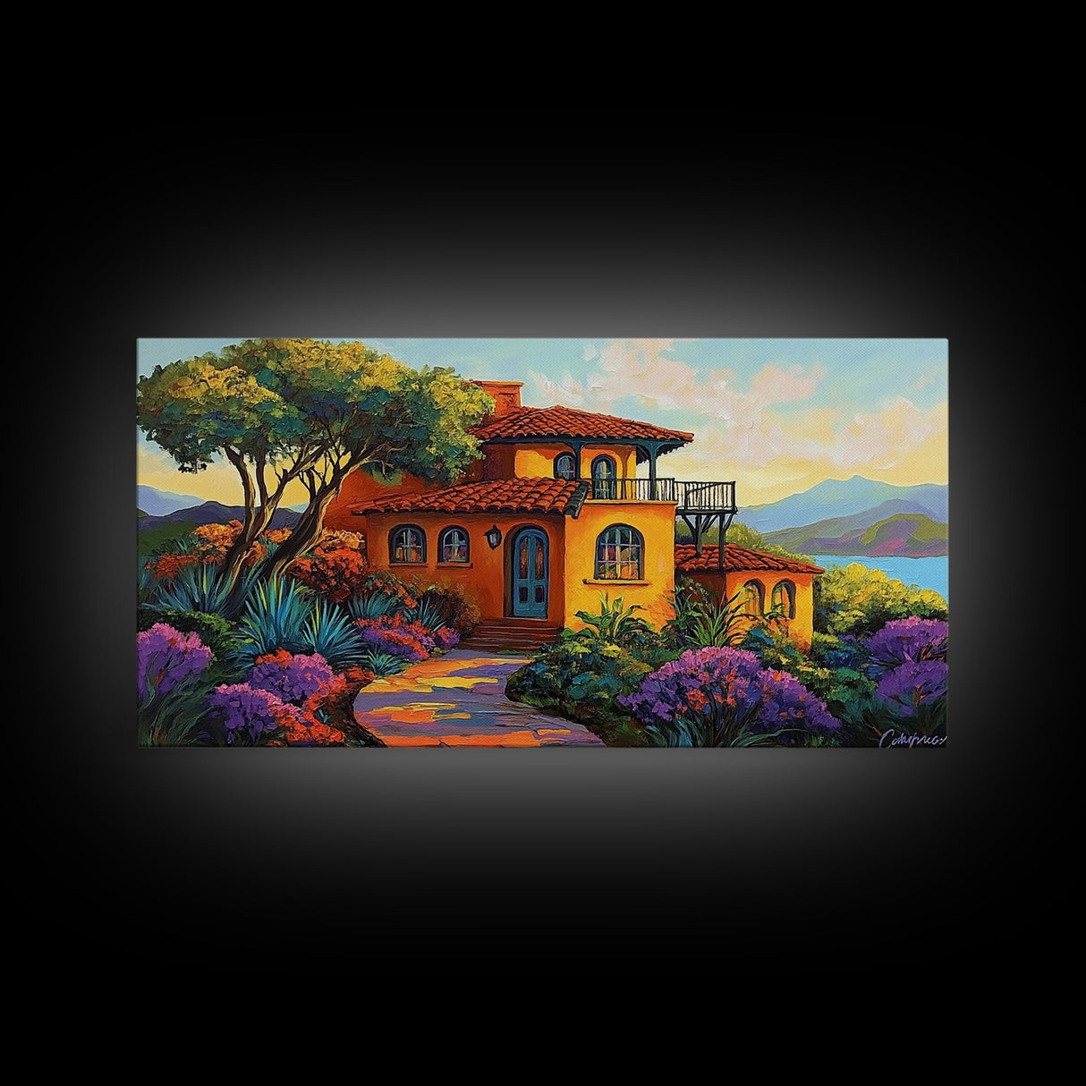 Villa Hillside, Coastal, Colorful, Framed Canvas Print Mediterranean house art, vibrant landscape painting, kitchen boho decor print