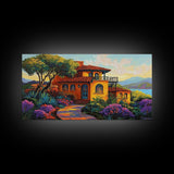 Villa Hillside, Coastal, Colorful, Framed Canvas Print Mediterranean house art, vibrant landscape painting, kitchen boho decor print