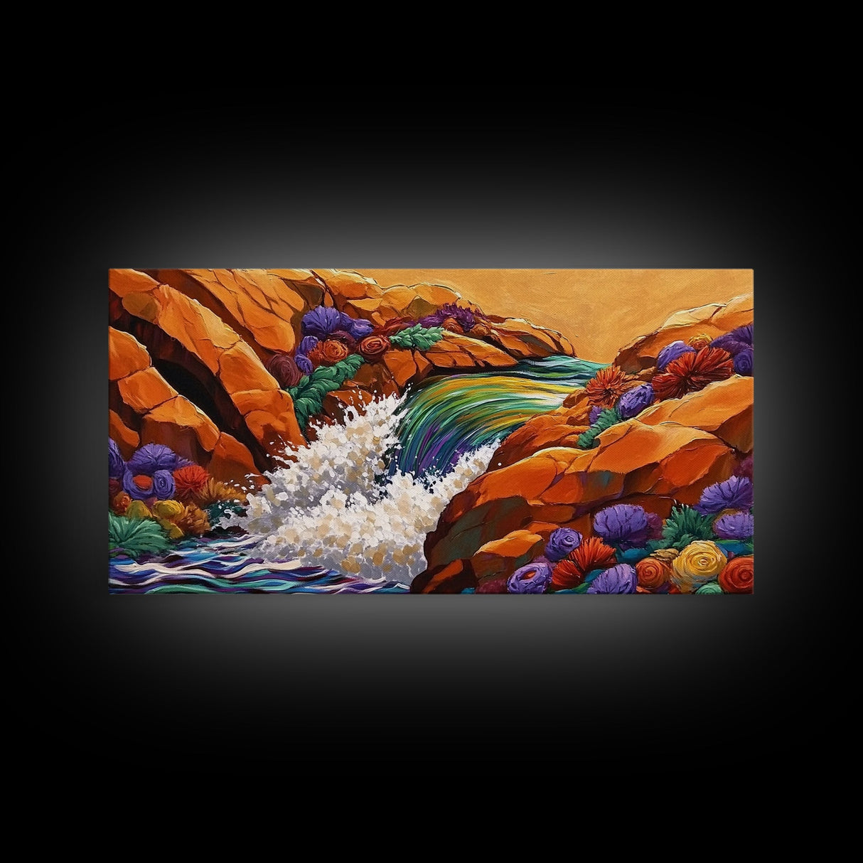 Waterfall Rocks, Flowers, Canvas Print, Colorful Nature Wall Art, Boho Earthy Decor, Vibrant Living Room Accent, Abstract Landscape Art