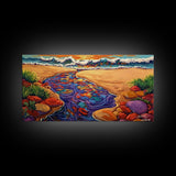 Ocean Stream, Sunset, Framed Canvas Print, Vibrant Beach Painting, Surf Wall Art, Coastal Decor, Sunset Seascape, Colorful Nature Art