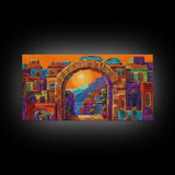 Arch Village, Sunset, Canvas Print, Mediterranean Town Wall Art, Colorful Travel Decor, Eclectic Living Room, Warm Sunset Vibe Art