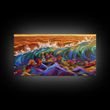 Sunset Ocean, Bold Waves, Color Splash, Canvas Print, Vibrant Seascape Art, Beach House Decor, Coastal Living Room Wall Art