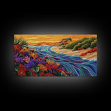 Wildflowers, Coastal Waves, Tropical Shore, Canvas Print, Floral Beach Art, Vibrant Living Room or Kitchen Wall Decor