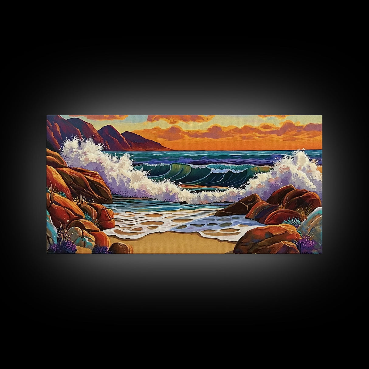 Sunset Surf, Crashing Waves, Coastal Mountains, Canvas Print, Vibrant Seascape Wall Art, Beach House Art, Bathroom Ocean Decor