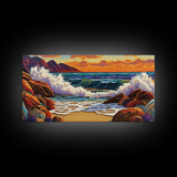 Sunset Surf, Crashing Waves, Coastal Mountains, Canvas Print, Vibrant Seascape Wall Art, Beach House Art, Bathroom Ocean Decor