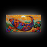 Harvest Sunset, Cornucopia, Floral, Framed Canvas Print Thanksgiving wall art, vibrant boho painting, Fall kitchen decor, rustic style