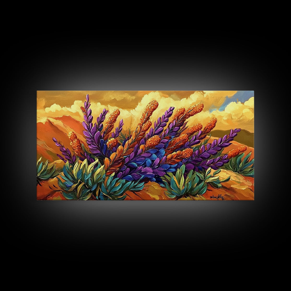 Lavender Bloom, Desert, Hillside, Framed Canvas Print Vibrant floral wall art, southwest boho style, Autumn art, hallway decor