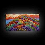 Wildflower Mountain, Sunrise, Hillside, Framed Canvas Print Bold desert landscape, colorful botanical art, boho Fall bedroom decor