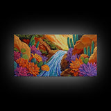 Cactus Canyon, Flowers, Waterfall, Framed Canvas Print Bright desert wall art, boho botanical painting, vibrant hallway home decor