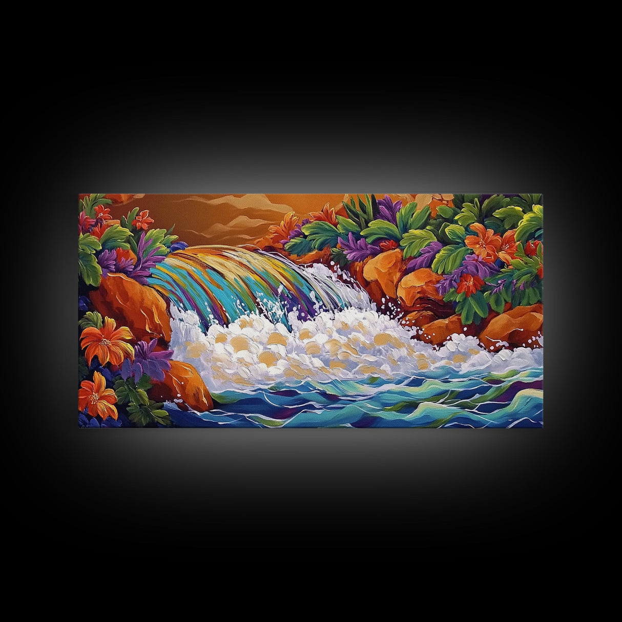 Rainbow, Waterfall, Jungle, Sunset, Framed Canvas Print Tropical boho art, bathroom art, living room decor, floral nature painting